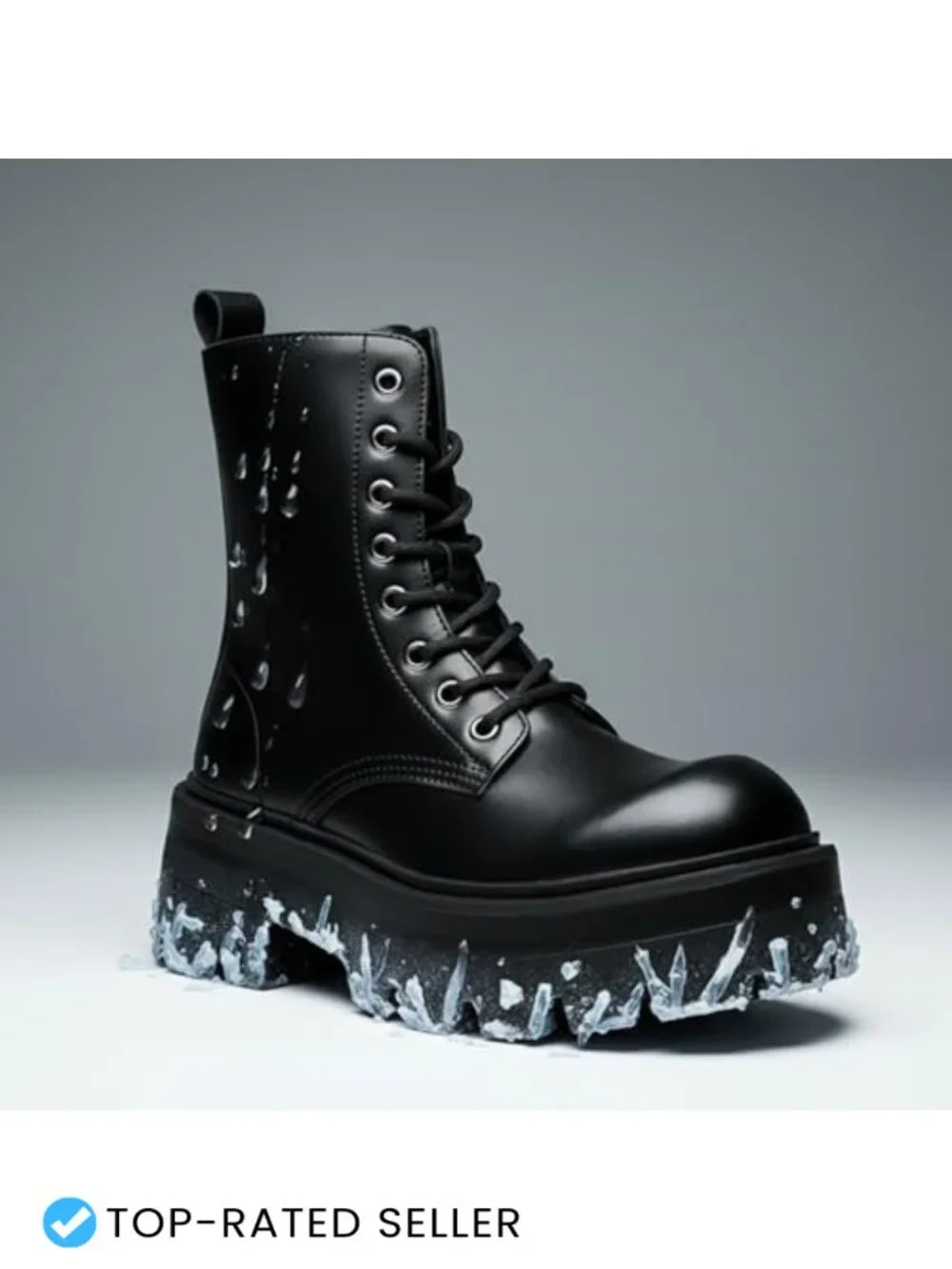 Black Leather Chunky Platform Combat Boots Side Zipper Lug Sole Ankle Boots